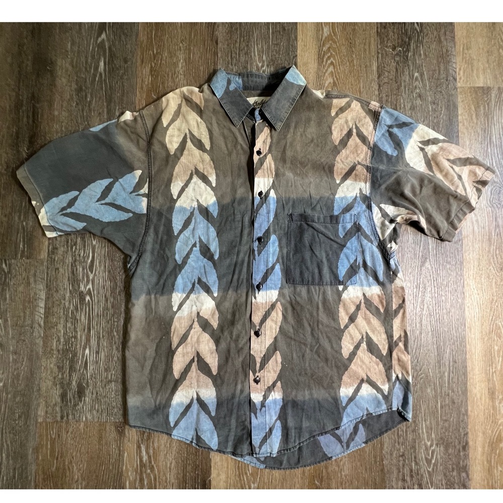 Body Objects Button Down Shirt Mens Large Brown Blue Vintage Leaf Print USA